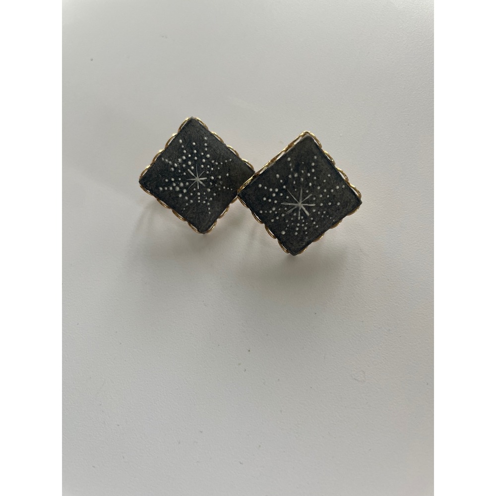 Vintage Starburst Square Clip On Earrings Gold Tone Celestial Mid Century Retro